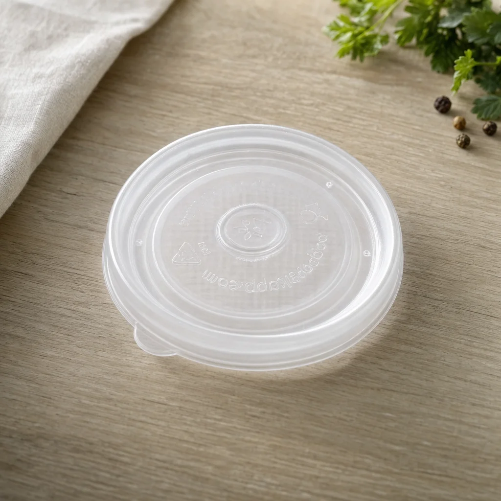 Plastik Deckel f&uuml;r Suppenbecher &ndash; Ansicht von oben auf hellem Holztisch